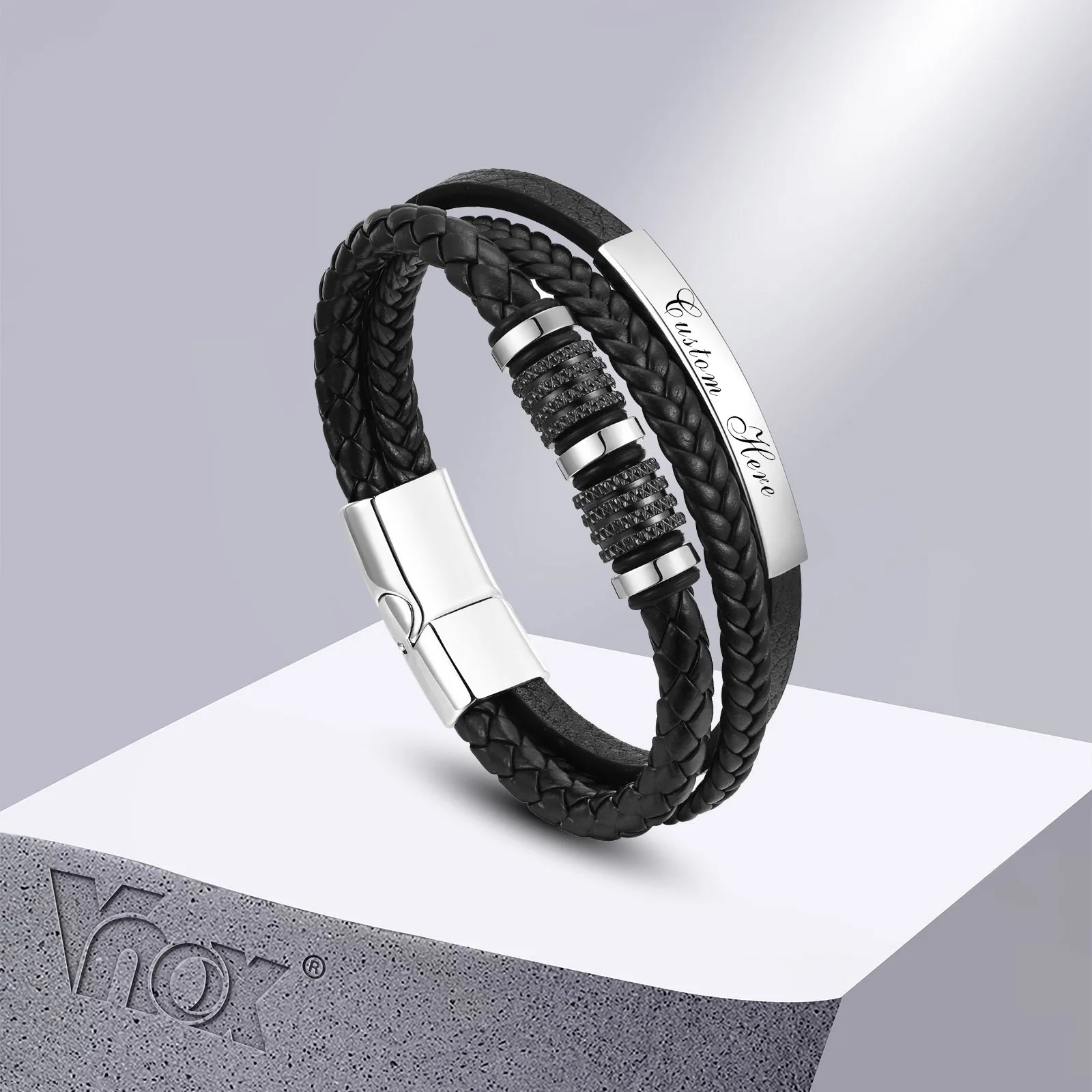 

Vnox Personalized Bracelets for Men Boys, Black Braided PU Leather Bangle with Metal Tube Charm, Custom Gentle Gift for Him