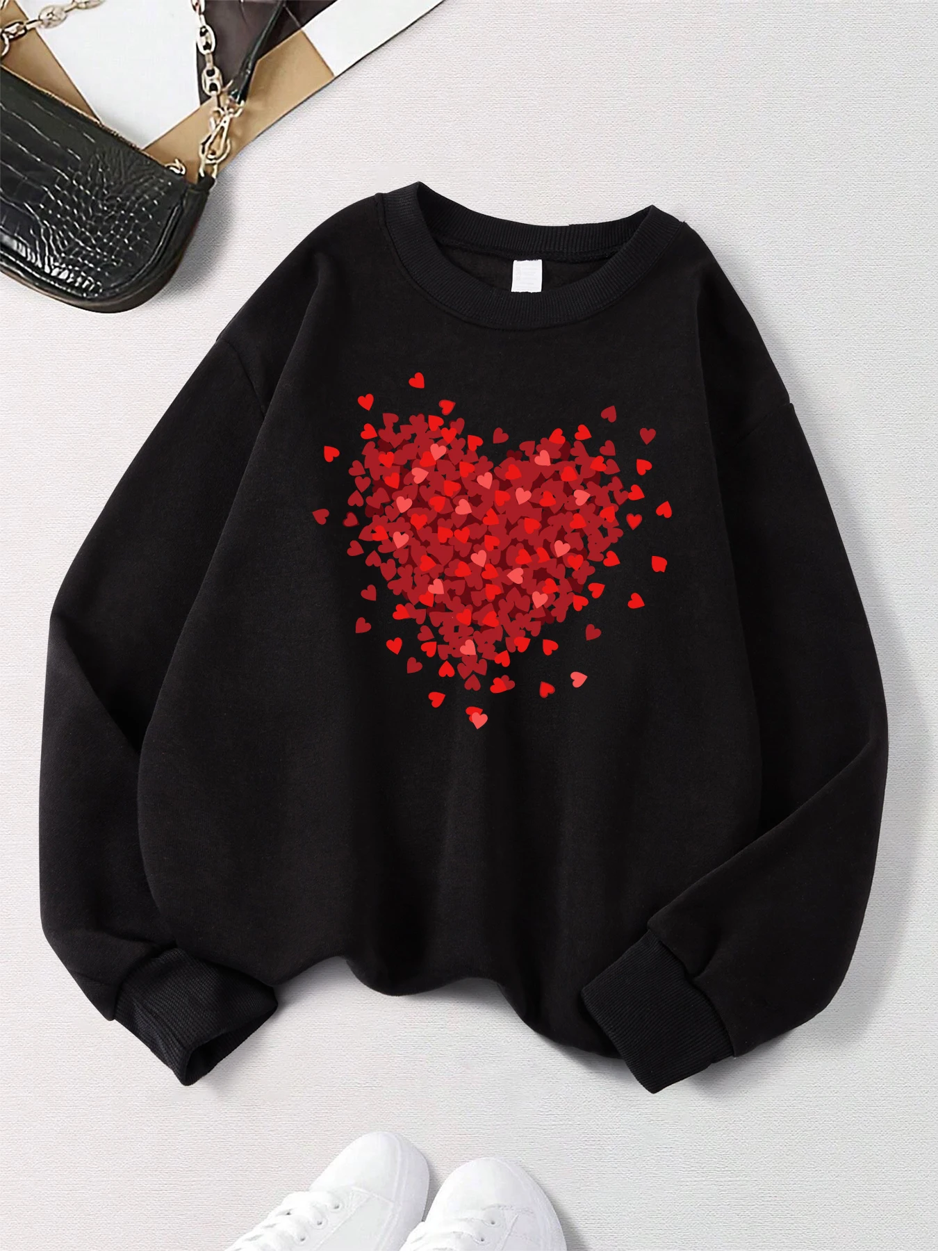 Red Heart Collection Pattern Women Sweatshirt Street Crewneck Pullover Autumn All-Match Top Y2K Casual Fleece Woman Clothes