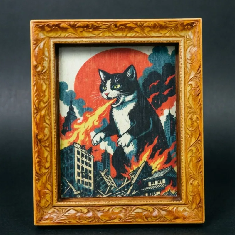 8*6*1cm Wooden Magnetic Painting Craft Decoration Sticker - Frog Black Cat Funny Masterpiece Wall Sticker for Refrigerator view 4