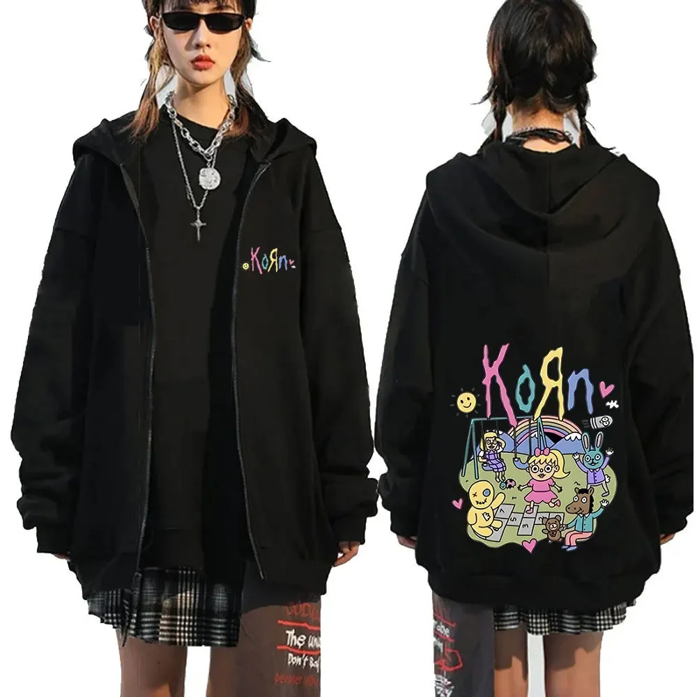 Korn Hip Hop Vintage Gothic Zipper Hoodies For Men Women Streetwear Punk Casual Oversized Sweatshirt Zip Up Jacket Coats