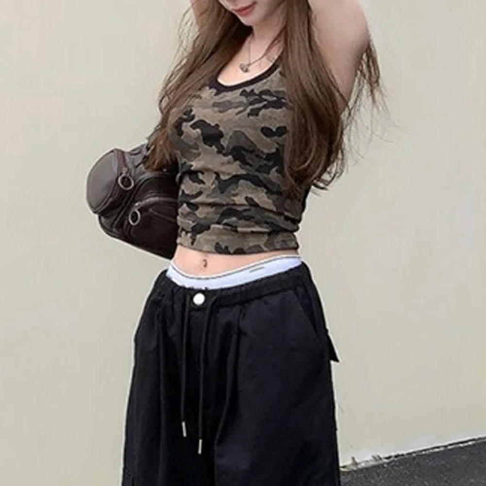Casual Camouflage Top Camouflage Suspenders Casual Club Wear Dark Green Camouflage Club Attire Daily Wear Option