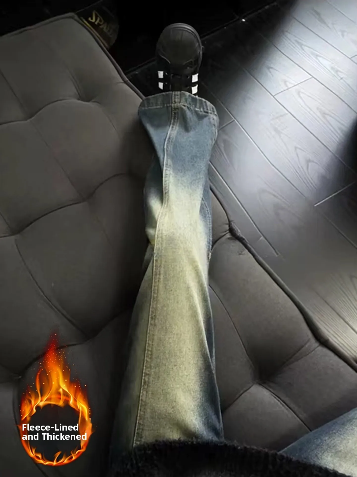 

Американские ретро-джинсы для мужчин с утолщенным флисом, высокой талией, в стиле пэчворк, повседневные, износостойкие, прямые, слегка расклешенные брюки