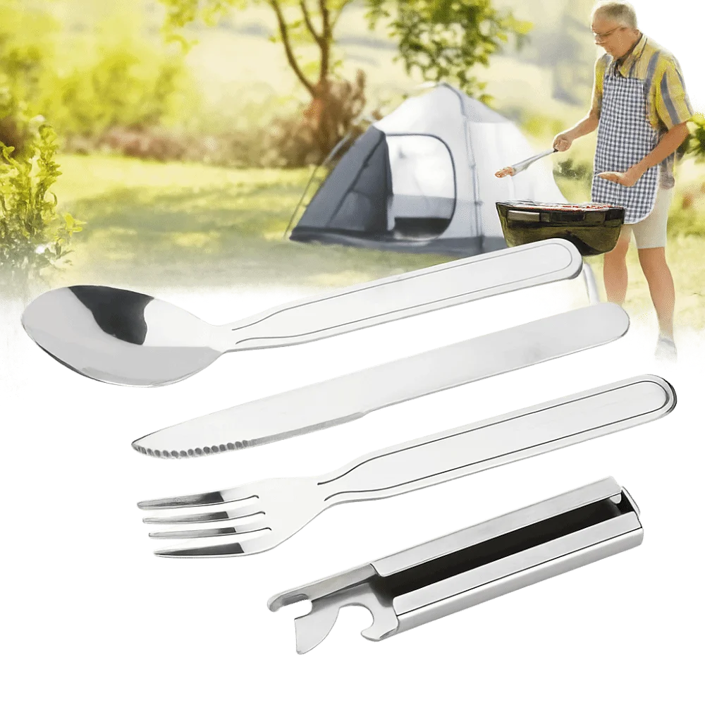 

2 комплекта прочной посуды из нержавеющей стали, сверхпрочный портативный набор столовых приборов, серебряная открывалка для бутылок, набор для пикника