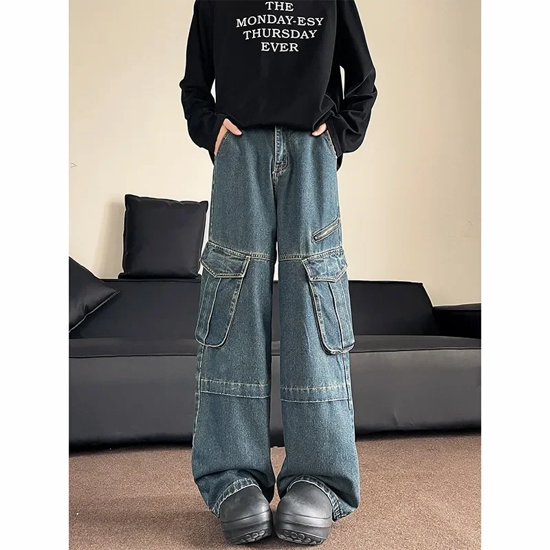 Fashionable and Versatile Beautiful Design Unique Hong Kong Style Retro Vintage Vintage Wide Leg Pocket Jeans Work Pants Men