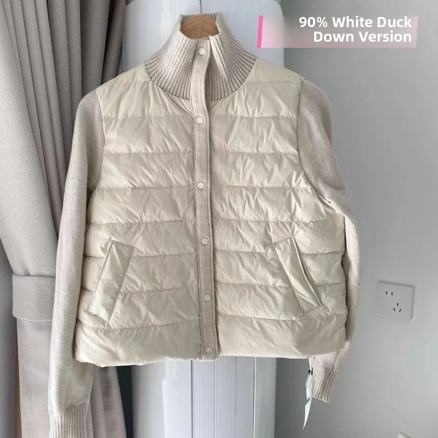 Casual Sle Piumino da donna Jaet Colletto alla coreana in lana Splicing ort Vestibilità ampia Piuma d'oca bianca Cappotto caldo