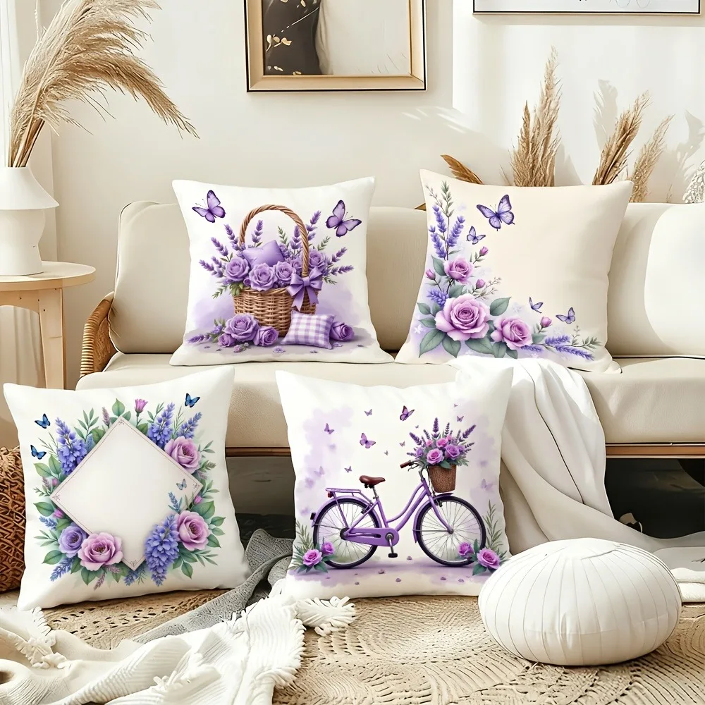 

Наволочка с лавандовым цветочным принтом и велосипедом: романтический чехол для подушки с фиолетовой тематикой для уютного домашнего дивана в коттедже