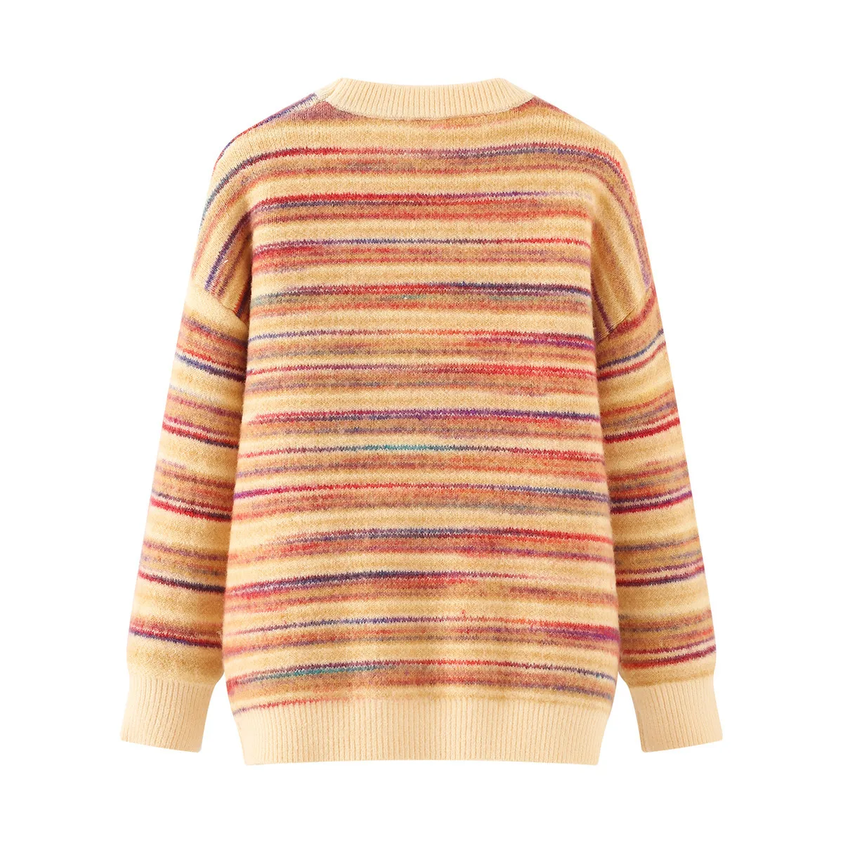 เสื้อสเวตเตอร์ผสมผ้าฝ้ายสำหรับฤดูหนาวปี 2025 ใหม่ ลายทางสีรุ้ง คอทรงโอ สำหรับผู้หญิง สไตล์โมริเกิร์ล ลายแฟร์ไอส์ล ทรงหลวม รุ่น T5N527CC