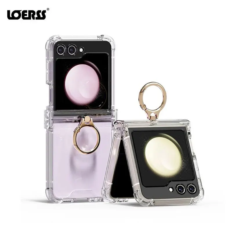 

LOERSS Transparent Hinge Phone Case for Samsung Galaxy Z Flip 5 Shockproof PC Hard with Ring Ultra-thin Folding Protective Cover