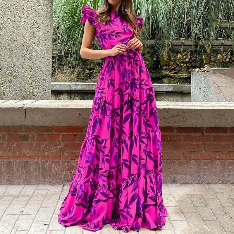 

Dresses For Women Spring Summer Print Backless Leace-up Feifei Sleeve Vacation Style Long Dress Temperament Commuting Vestidos