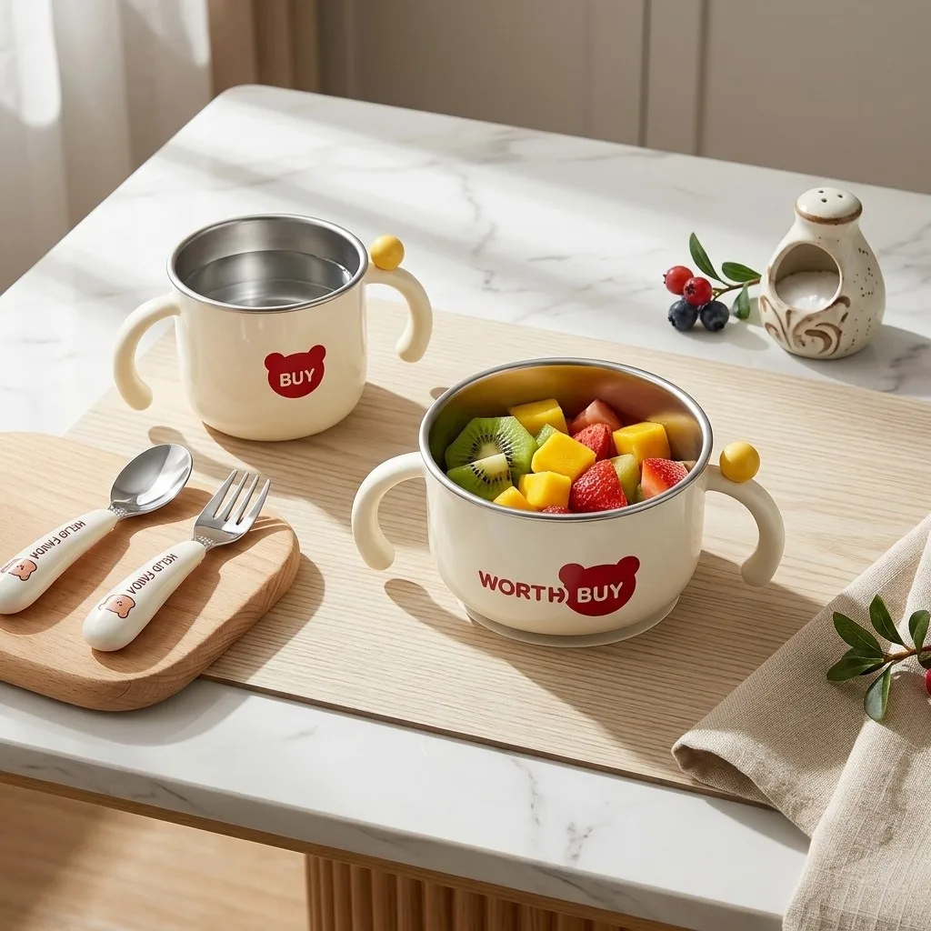 

Kids 316 Stainless Steel Bowl Cup Tableware Detachable Anti-Scald Twin Handles Dishwasher Safe Fruit Salad Bowls For Food
