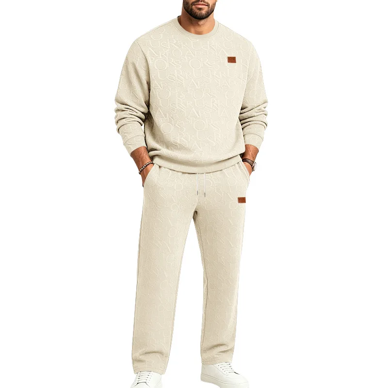 Europe, America, autumn and winter heavy-duty loose male simple trend hip-hop jacquard texture pattern crew neck sweater set