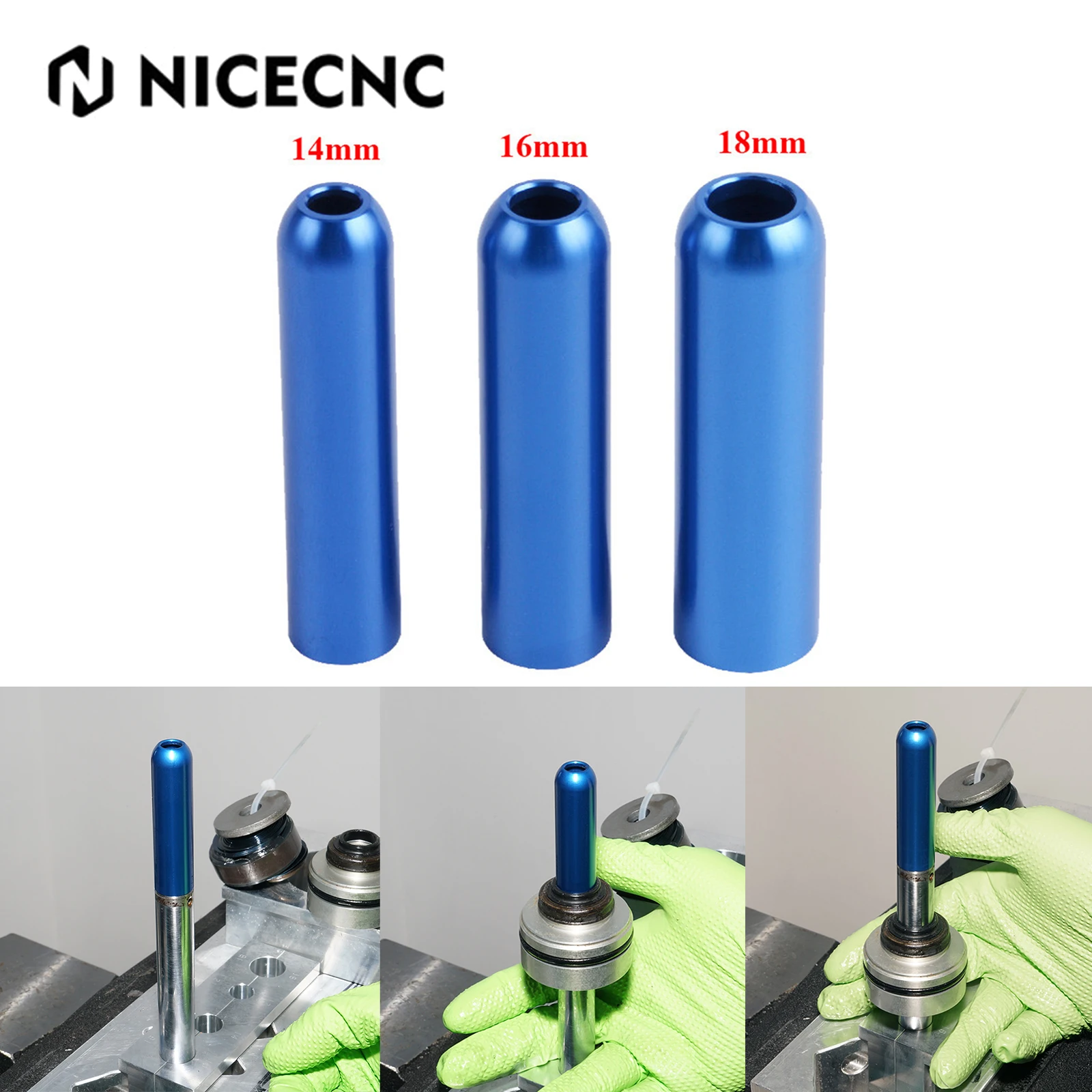 NiceCNC For 4/16/18 mm Shock Motorcycle Blue Shock Seal Bullet Installer Tool 3pcs CNC Aluminum Alloy Shock Seal Bullet Tool