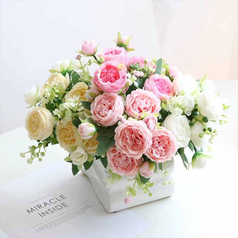 Artificial Flower Decoration Tools Bouquet Peony Artificial Flower 5 Big Head 4 Small Bud Bride Wedding Home Decoration Artifi