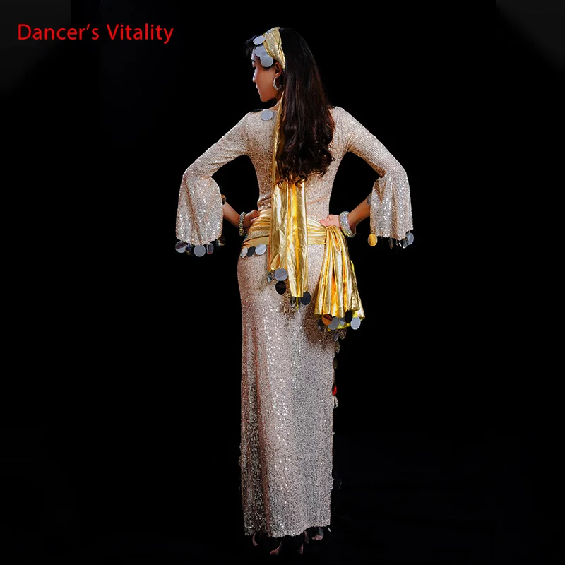 Oriental Dance Costume For Women Sexy Belly Dancing Skirt Professional Dancer Outfit Suit Gold Headdress Belt Dress 3peice S,M,L