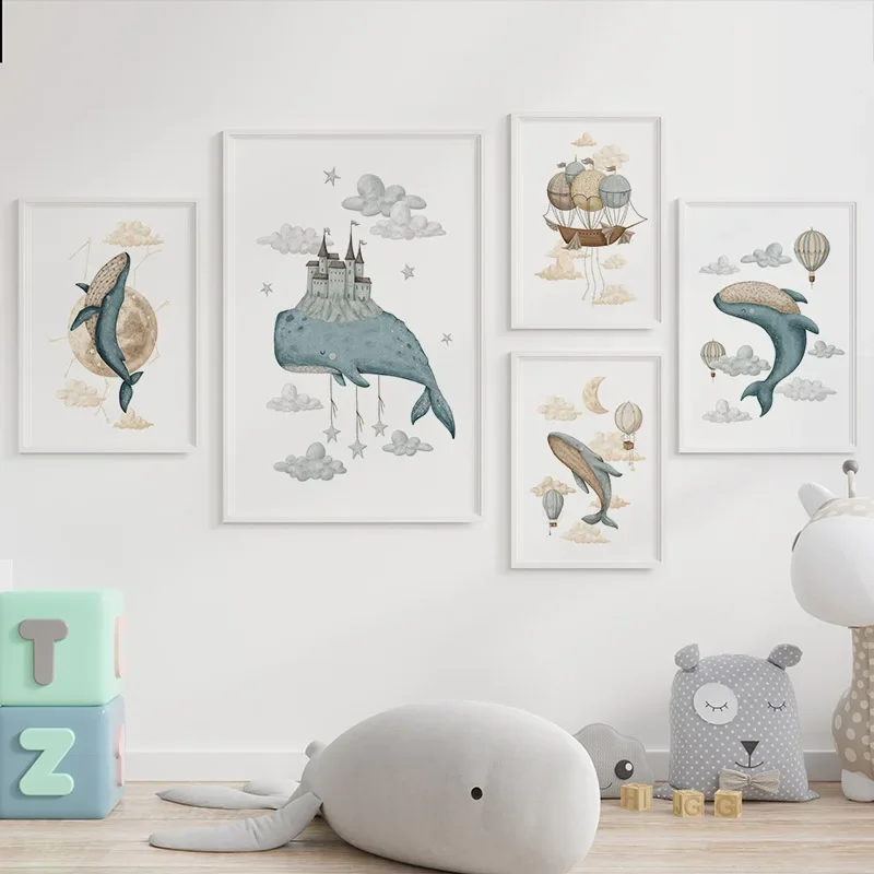 Watercolour Whale Ship Castle Balloon Nordic Nursery Wall Art Posters Art Prints Canvas Painting  Pictures Baby Kids Room Decor