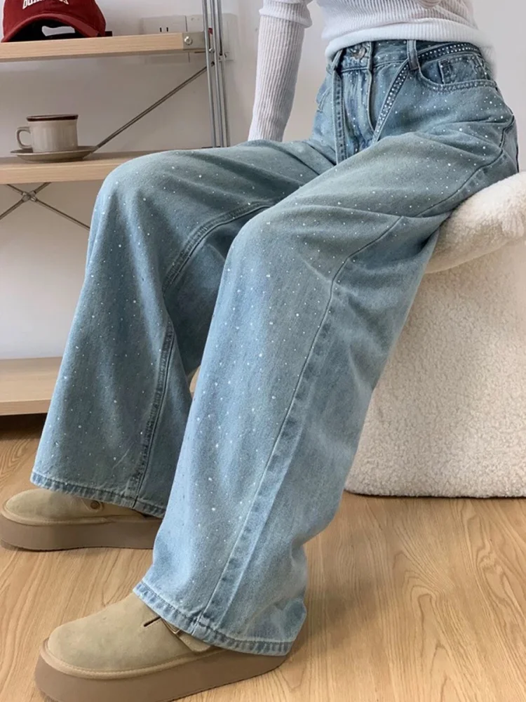 بالإضافة إلى حجم الأمريكية Sle حجر الراين الدنيم عالية الخصر مستقيم الساق واسعة الساق السراويل للنساء الكمثرى aped الخريف لباس غير رسمي