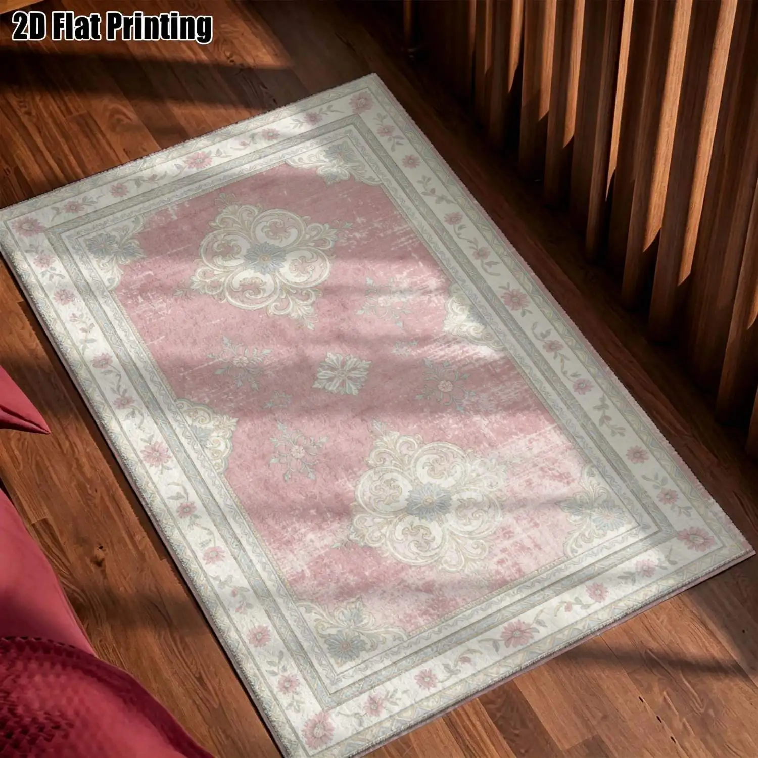 1Pc 2D Printed Pink Retro Floral Carpet: Vintage, European, Bohemian Geometric Style, Machine Washable, Multi-Size Home Decor Rug for Living Room, Bedroom, Dining Room, Entrance & Study