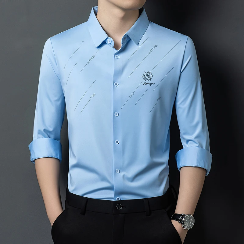 7052 Laser-set Rhinestones Shirts For Men Long Sleeve Easy-Care Autumn Quality Seamless Silky Softness Fashion Camisas De Hombre