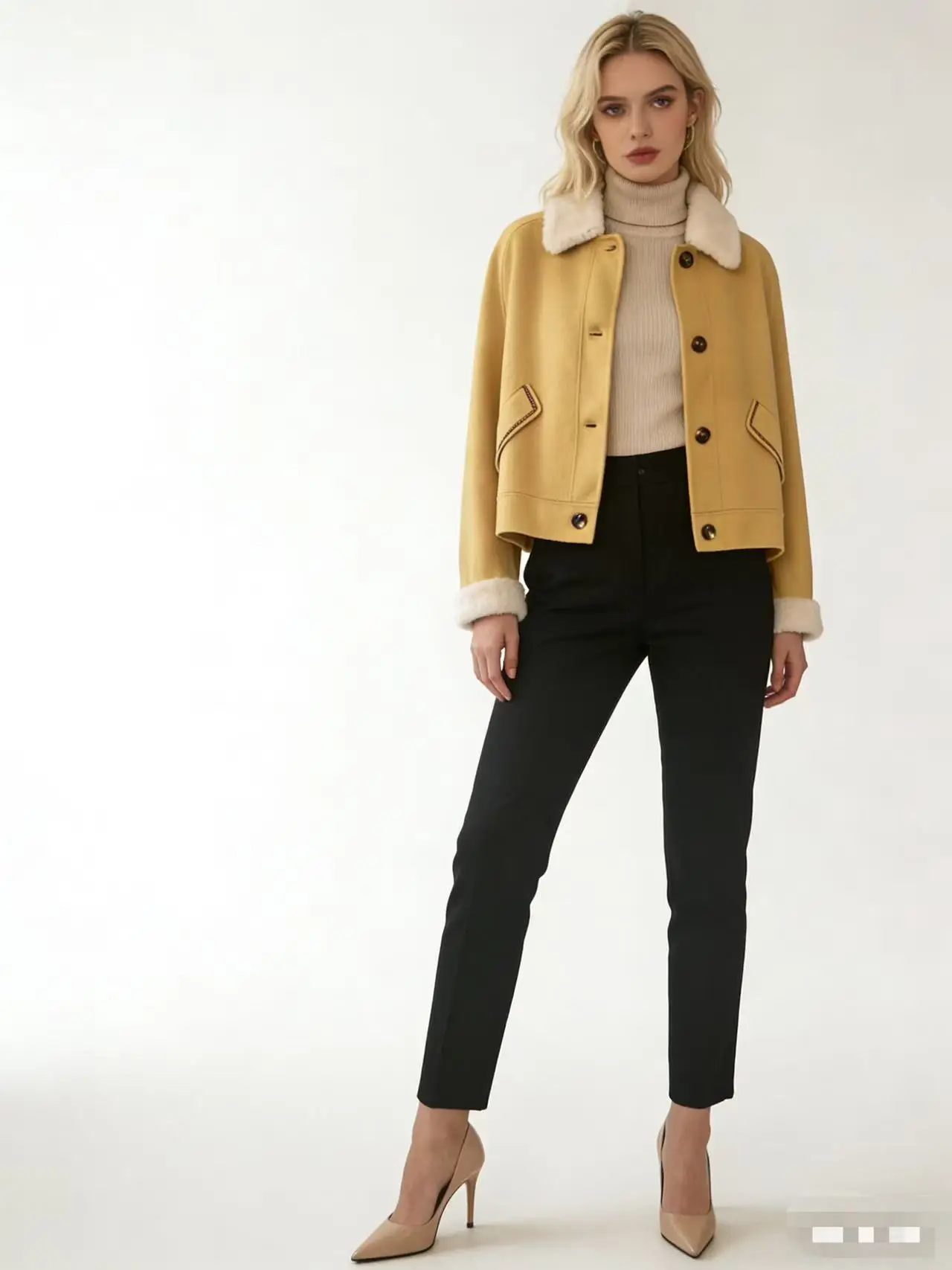

Short-Length Cream-Colored Wool Coat with Shearling Collar Exquisitely Trimmed Brightening Youthful&Flattering Short Coat