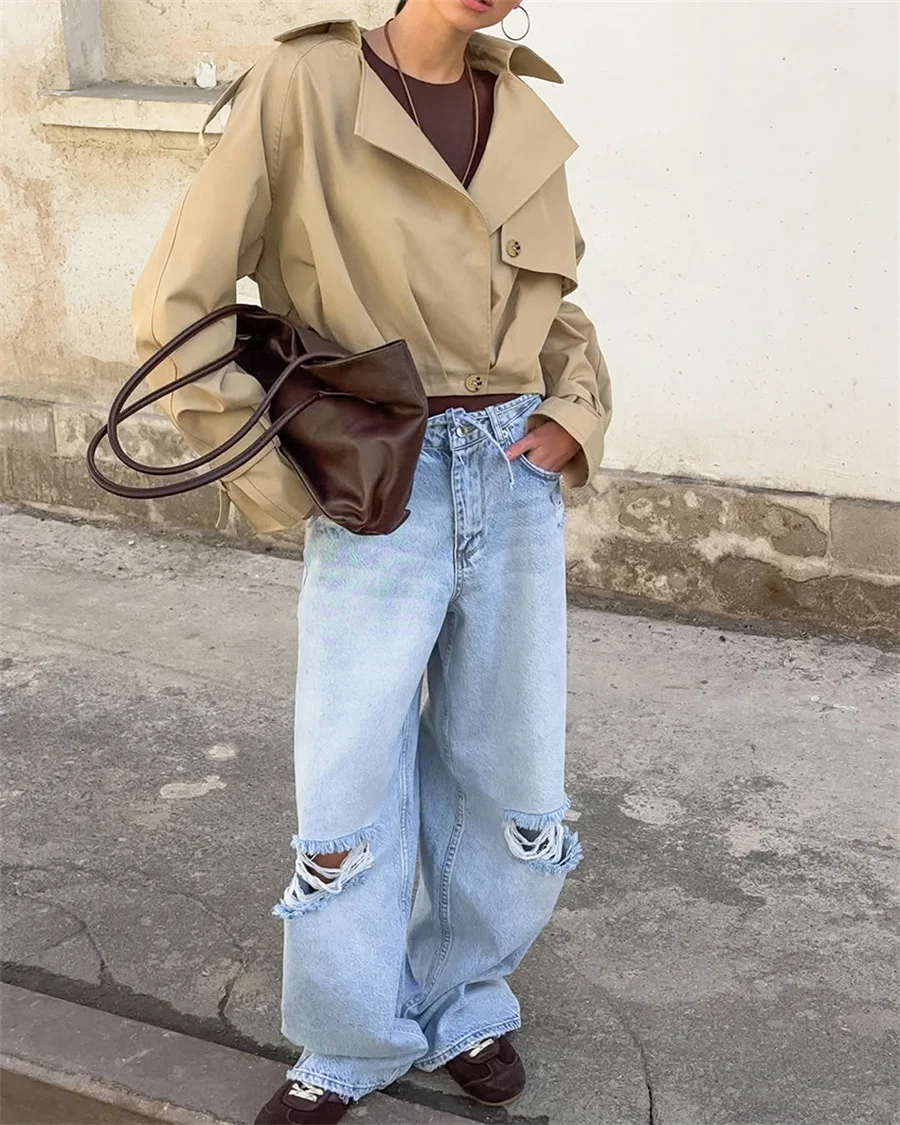 Autumn New Cropped Outerwear Short Trench Jacket Women Streetwear Commute Female Tops Outwear Trench Coats New Tops