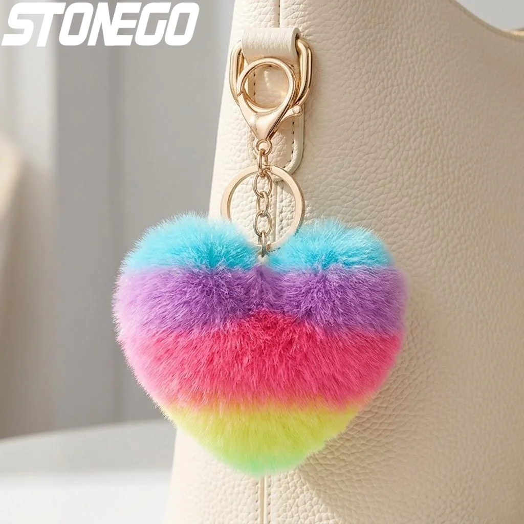 Fashion Rainbow Plush Keychain Cute Soft Stuffed Animal Toy Gift for Women Girls Car Accessories Love Pendant Keychain Toy