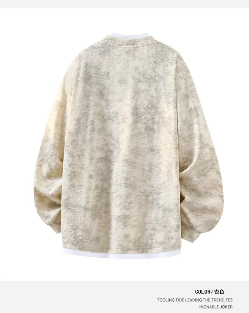 2026 Autumn New Round Neck Fake Two-piece Hoodie Korean Fashion Harajuku Tie Dye Casual Loose Long Sleeved T-shirt Sweatshirt