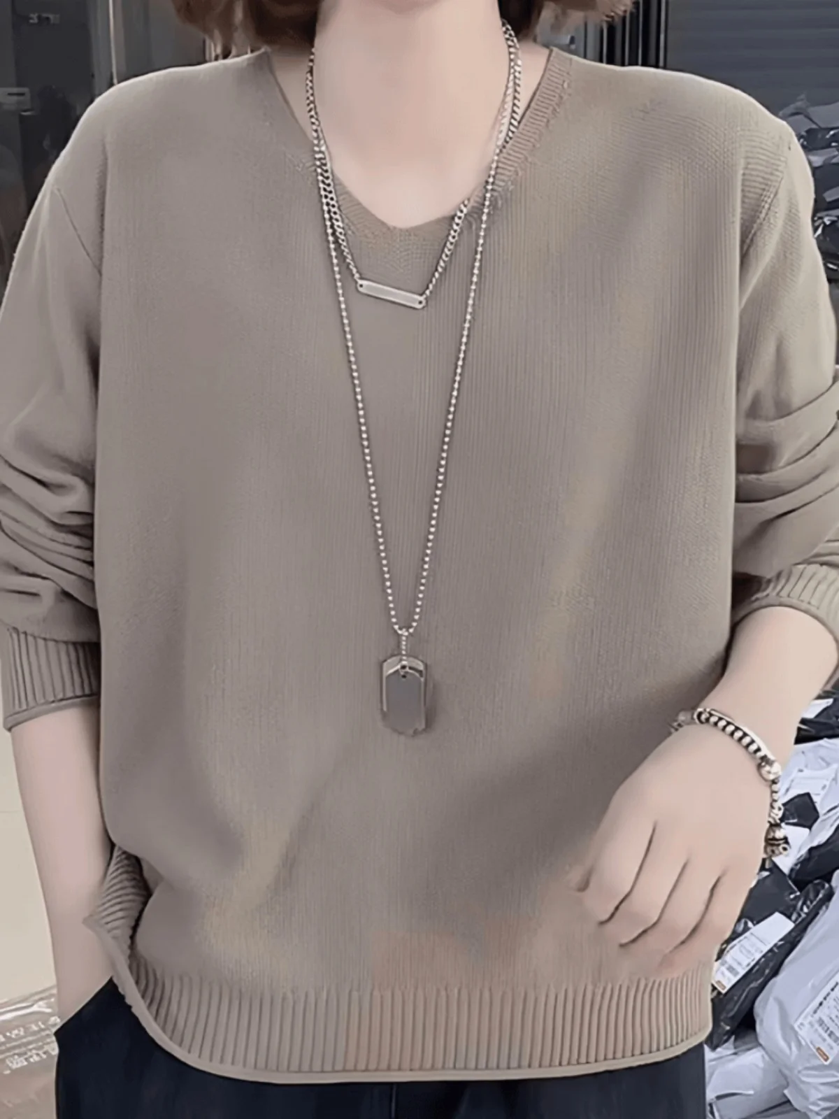 

Ele V-Ne Long Sve Knitted Sweater for Women Loose Fit Autumn Winter Faion plus Size Slimming Top Commute Sle