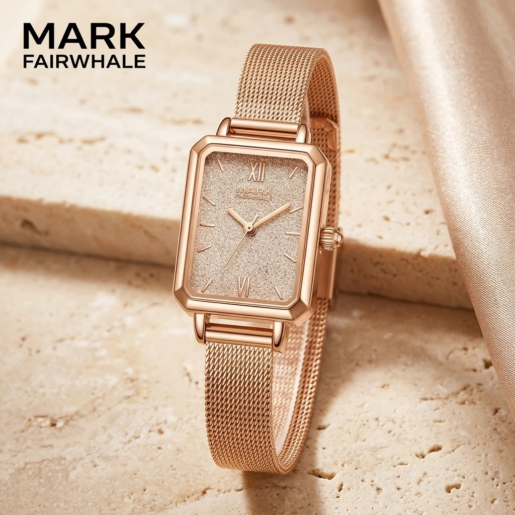 MARK FAIRWHALE Ladies Wrist Watch Quartz Movement Square Glitter Dial Mesh Metal Bracelet for Women