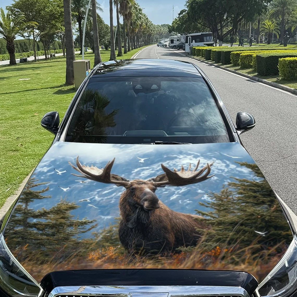 

A stunning car hood wrap featuring a majestic moose in a forest setting, perfect for nature lovers. Enhance your vehicle's style