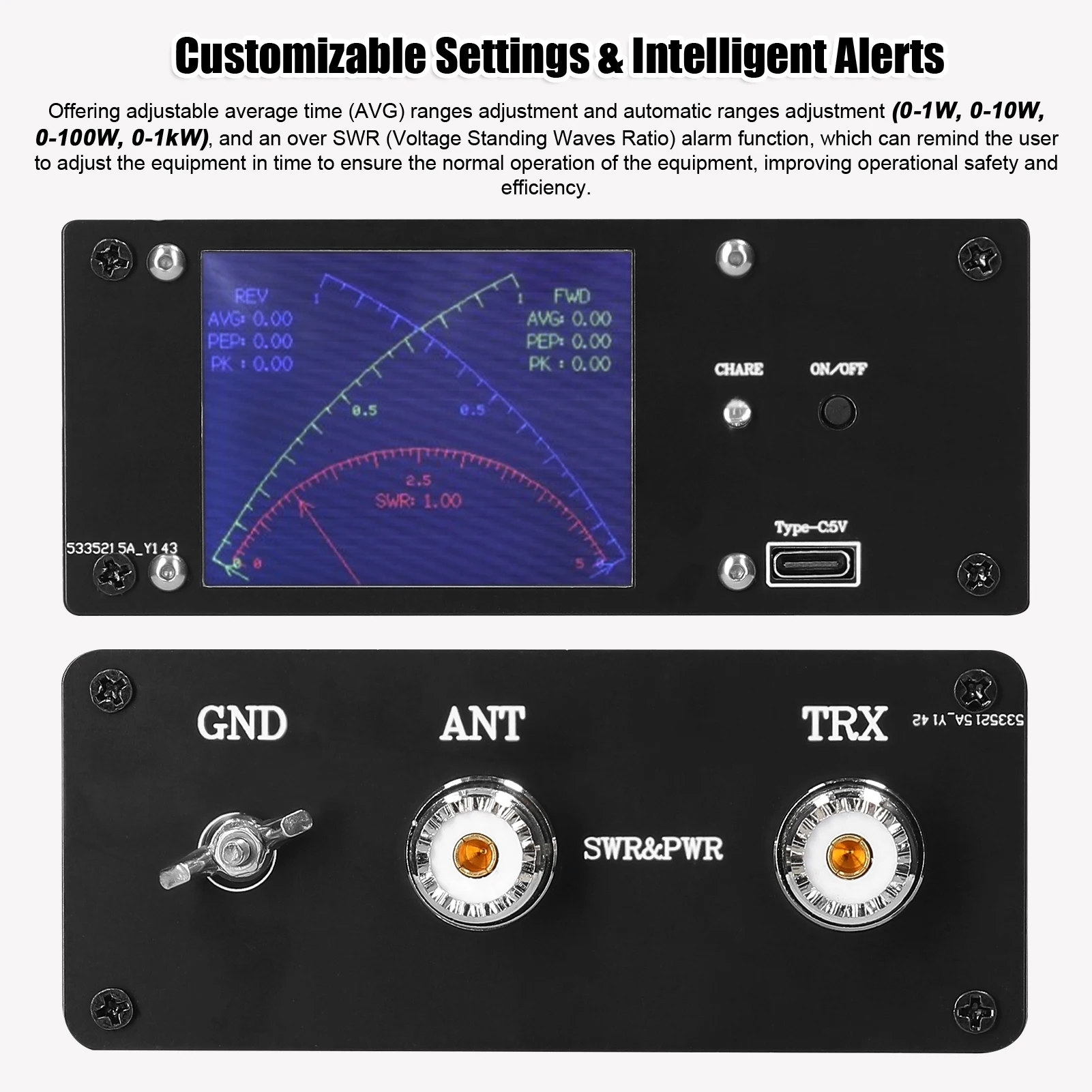 Full Touchscreen Shortwave Power Meter Portable Standingwaves Meter Over Voltage Standing Waves Ratio Alarm AVG Time Adjustment