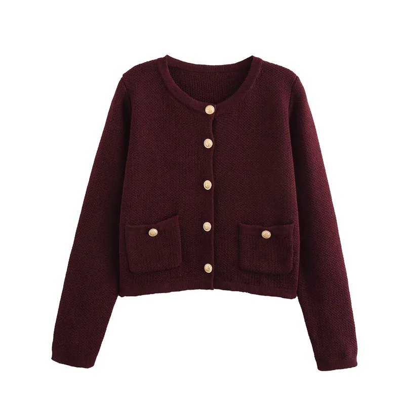 2024 New Women's Knitted Cardigan Sweater Golden Buttons Front Patch Pockets Long Sleeve Female Outerwear Chic Tops