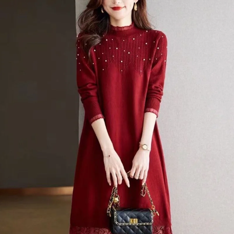 السيدات مزاجه الماس نصف الارتفاع طوق كم طويل ميدي فستان الخريف الشتاء خمر الحياكة س الرقبة فستان أنيق المرأة #1