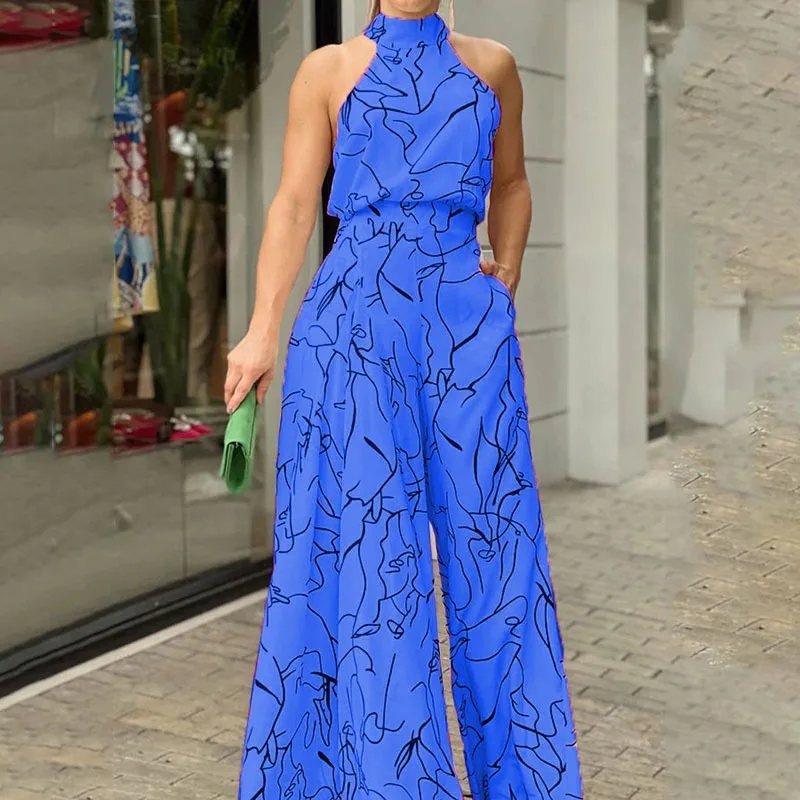 Amazon Cross-border European and American Foreign Trade Women's Clothing Ins New Fashion Round Neck Sexy Printed Pretty Jumpsuit