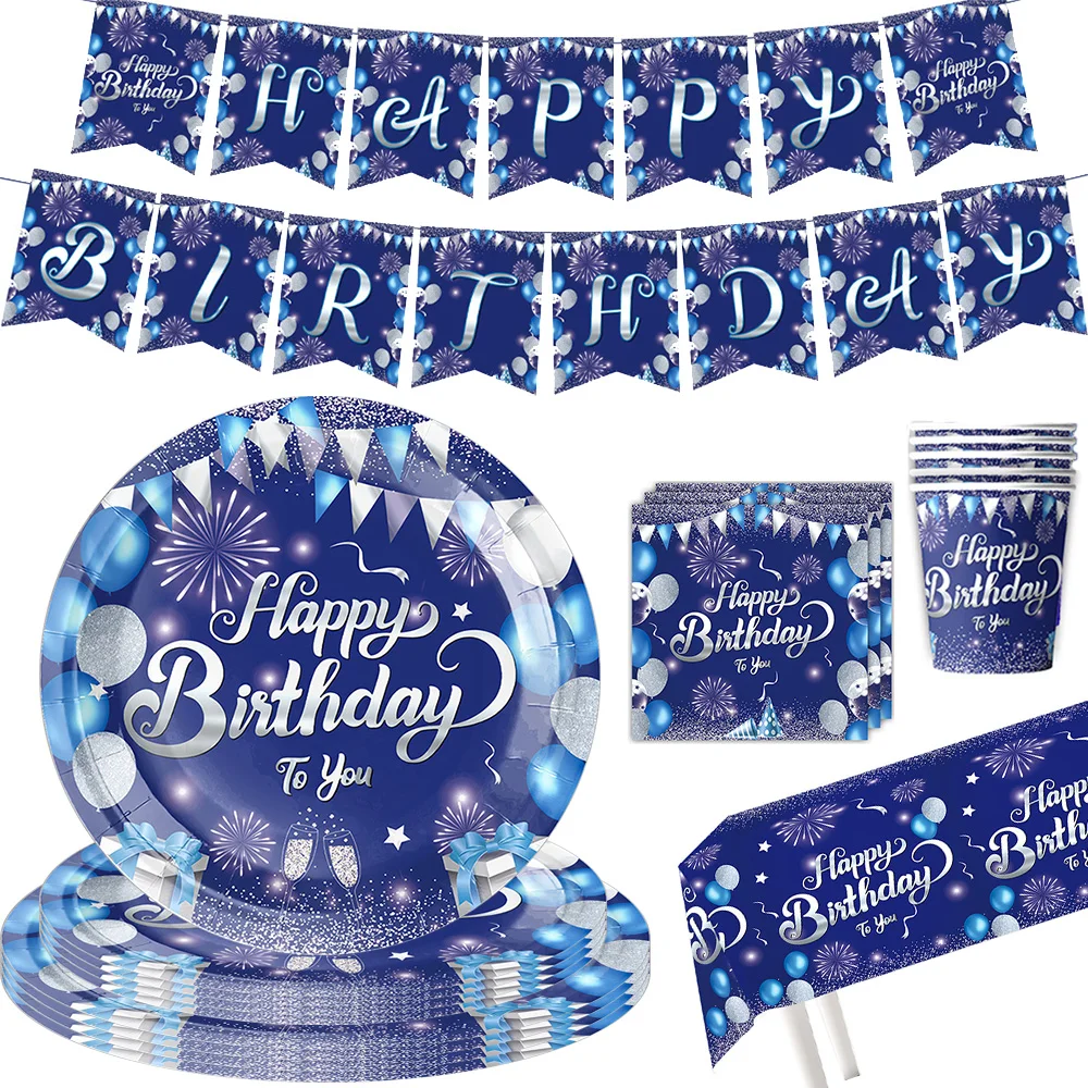 Blue Birthday Decoration Disposable Party Plates Navy Blue Tableware Set Tablecloth Tissue Children Baby Shower Party Supplies