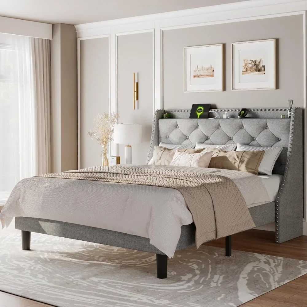 

Full Bed Frame with Luxury Wingback Upholstered Button Tufted Storage Headboard, Full Platform Bed with Charging Station