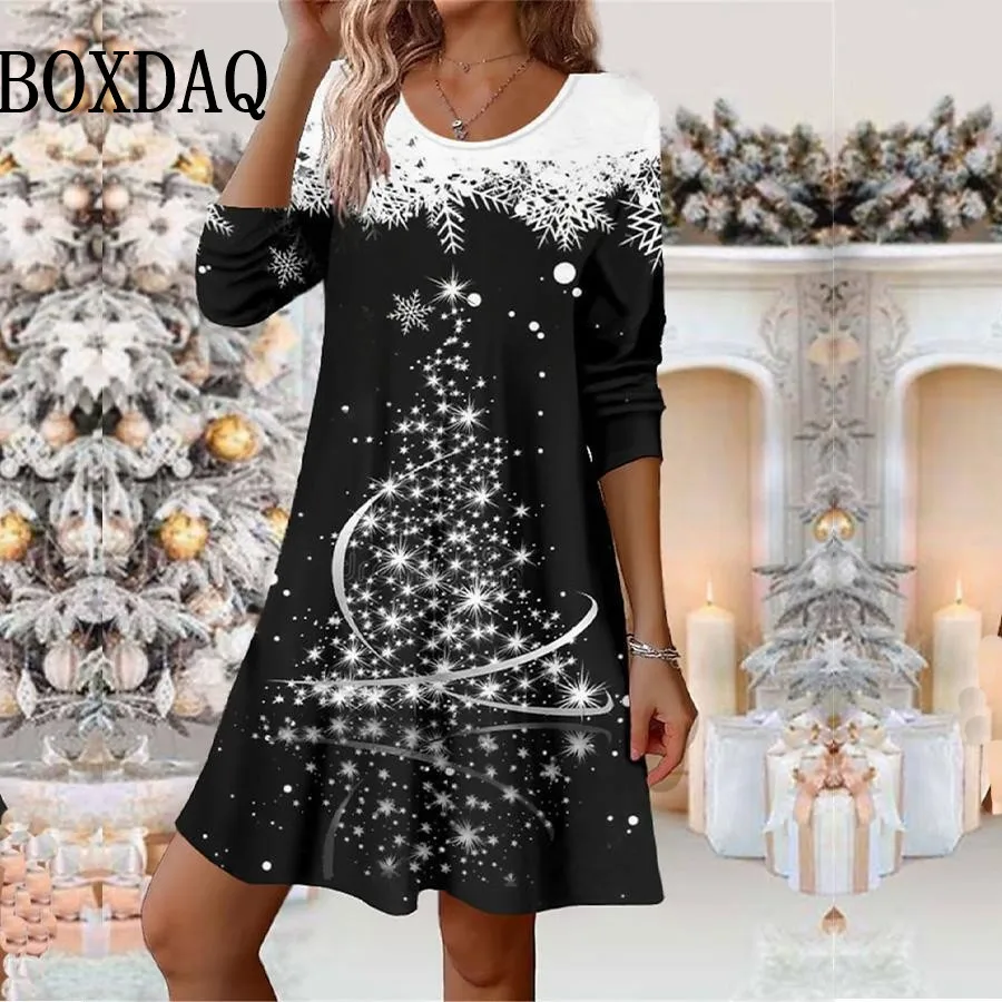 Gaun Wanita Pesta Natal Tahun Baru, Gaun Longgar Wanita Elegan Bergaya Jalanan Lengan Panjang Motif Natal untuk Musim Gugur dan Musim Dingin