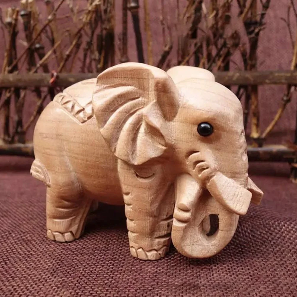 

Peach Wood Elephant Small Desktop Decor Creative Carved Wood Sculpture for Home Office Table Shelf Art Ornament Charming