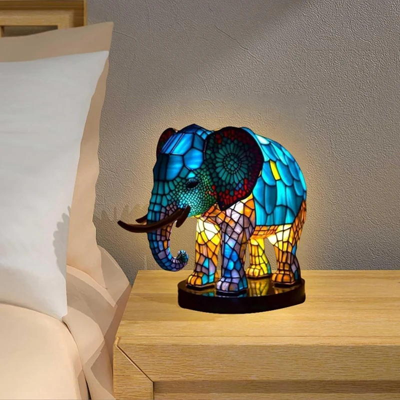 Animal Table Lamp Dyed Resin Elephant Lamp Desktop Night Light Table Night Light,3D Stained Animal Night Light Lamp Easy Install