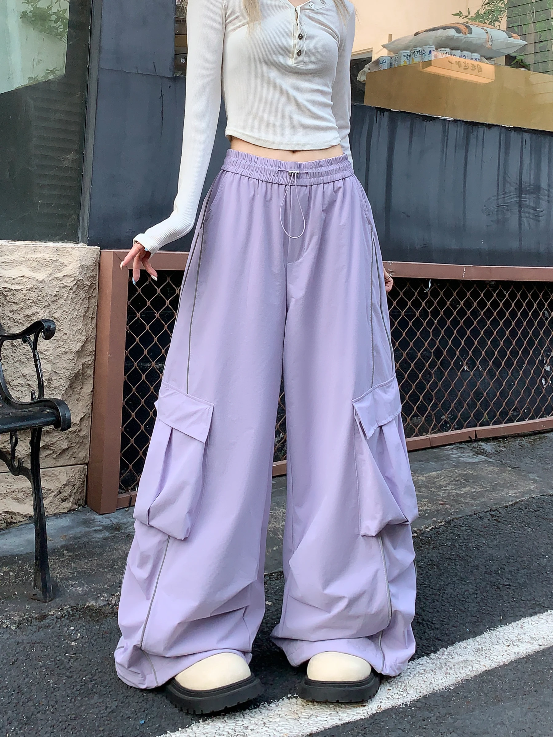 

Крутая девушка Dopane Фиолетовые широкие брюки для спецодежды со светоотражающими полосками Прямые брюки длиной до пола в стиле хип-хоп Уличные десантники