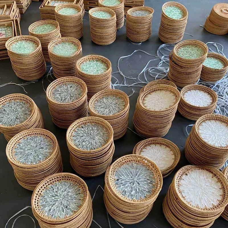 Hand‑woven Rattan Tray with Inlaid Shell Decorative Storage Plate for Snacks Tea Table Ornaments