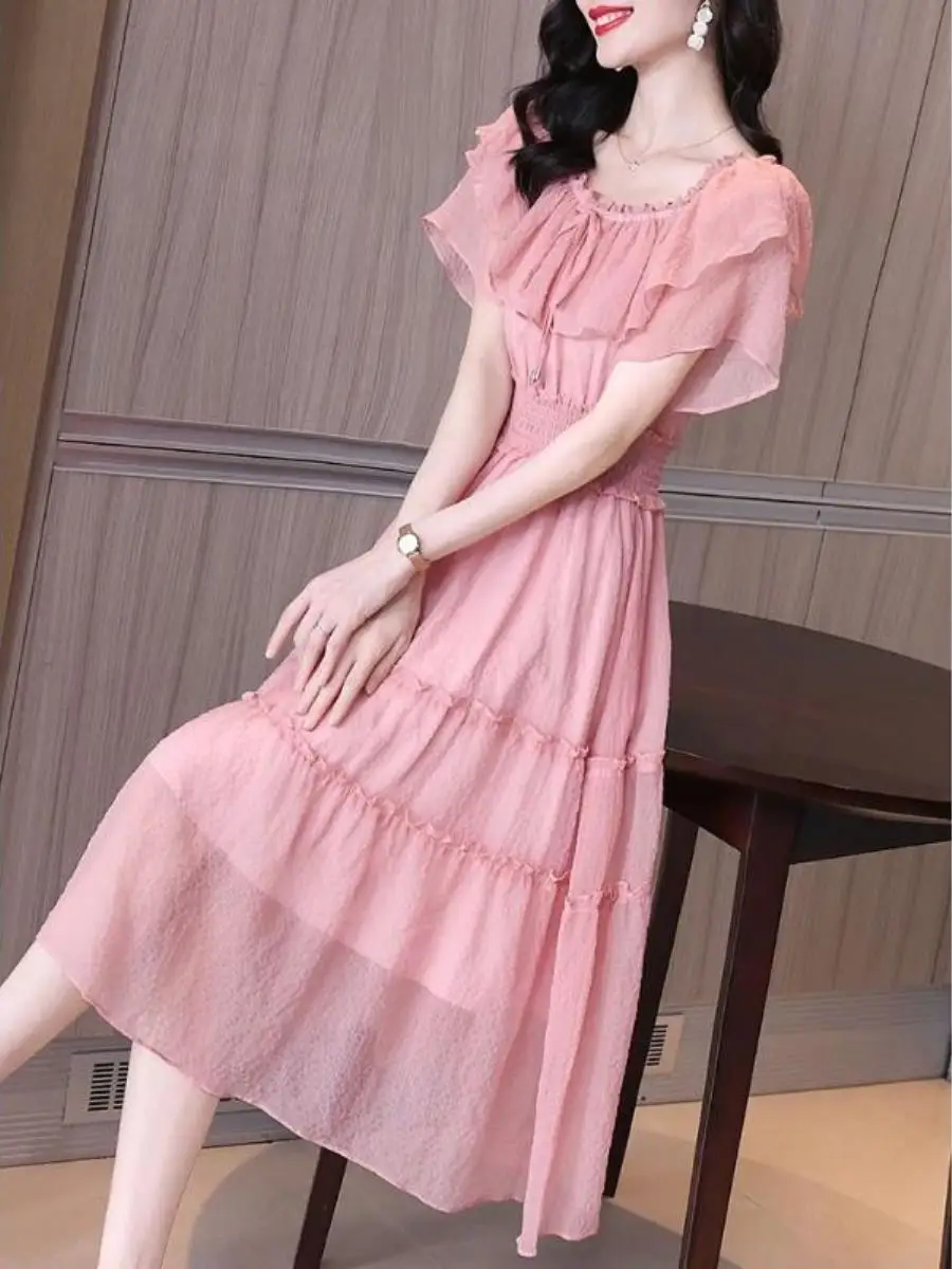 Estate New Sle Pure Color Confortevole Chiffon Dr Dimagrante Bell Sve Vita Cinched Faionable Casual Ladies Dr