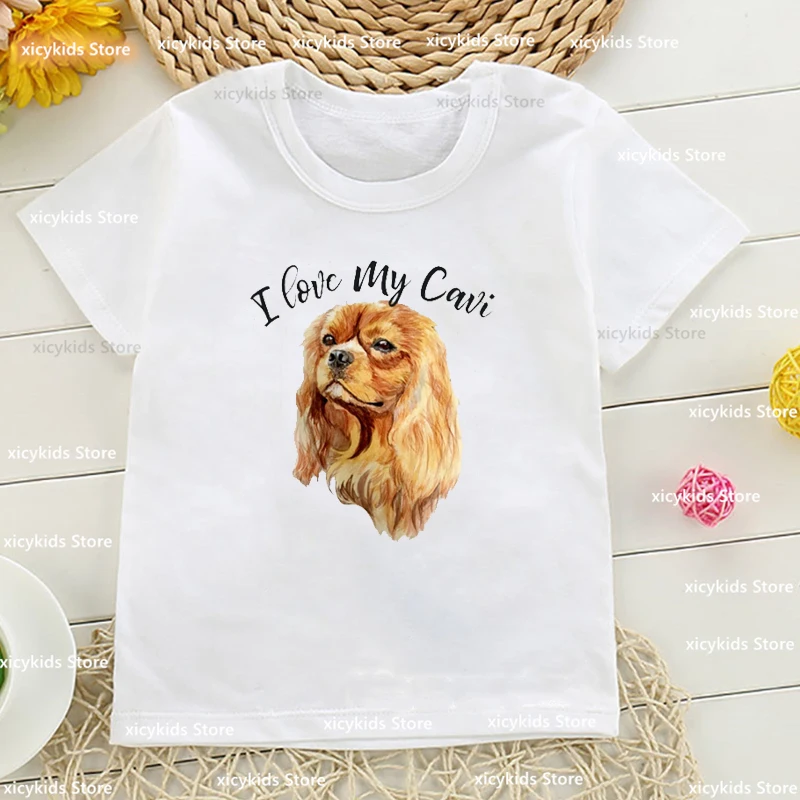 Cavalier King Charles Spaniel Pet Dog Animal Print Girls t-shirts Summer Fashion Kids tshirt Funny Boys t-shirts White Tops