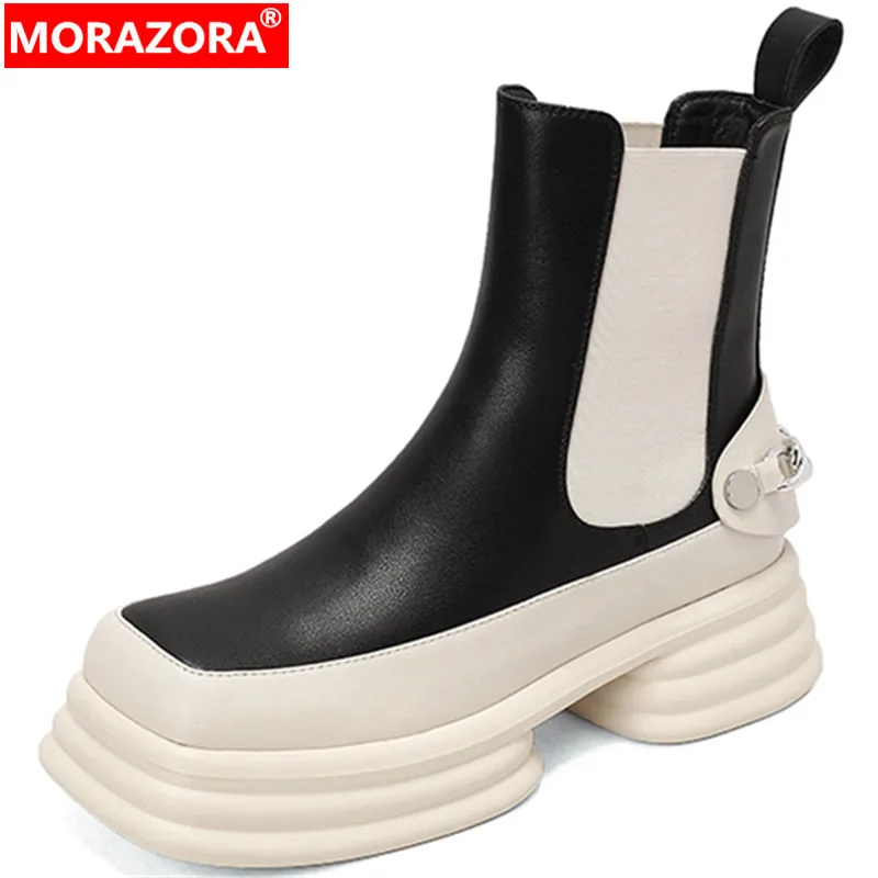 

MORAZORA New Mid Calf Genuine Leather Boots Women Flat With Heels Mixed Colors Winter Boots Ladies Fashion Shoes