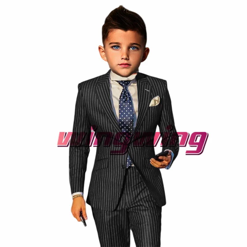 Boys Striped Suit 2 Pcs Business Style Jacket Pants Formal Navy Blue Tuxedo for Kids Wedding Festival Clothes