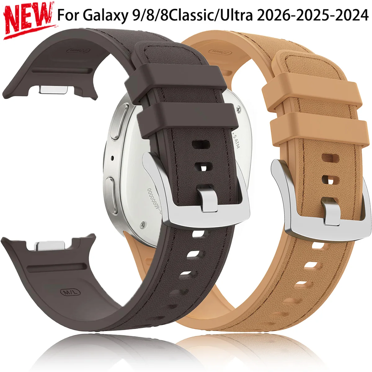Leather Silicone Band for Samsung Galaxy Watch 9/8/8Classic 40/44/46MM Sport Strap for Galaxy Ultra 2 Ultra 2026/2025/2024 47MM