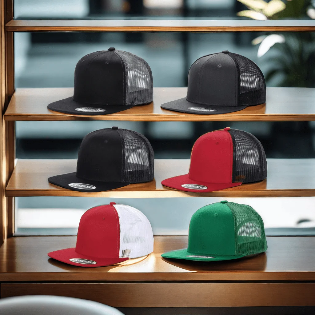 Six sporty hip hop flat brim hats in a stylish color scheme