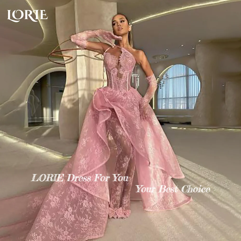 LORIE فساتين سهرة متواضعة من الكريب أنيقة من الدانتيل بكتف واحد وطيات حورية البحر العربية فستان حفلات مكشكش حسب الطلب