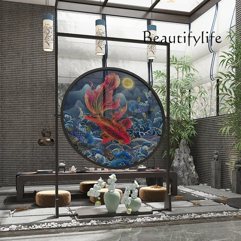 New Chinese-style solid wood entrance, living room screen partition landscape ornament customization, modern simple seat screen