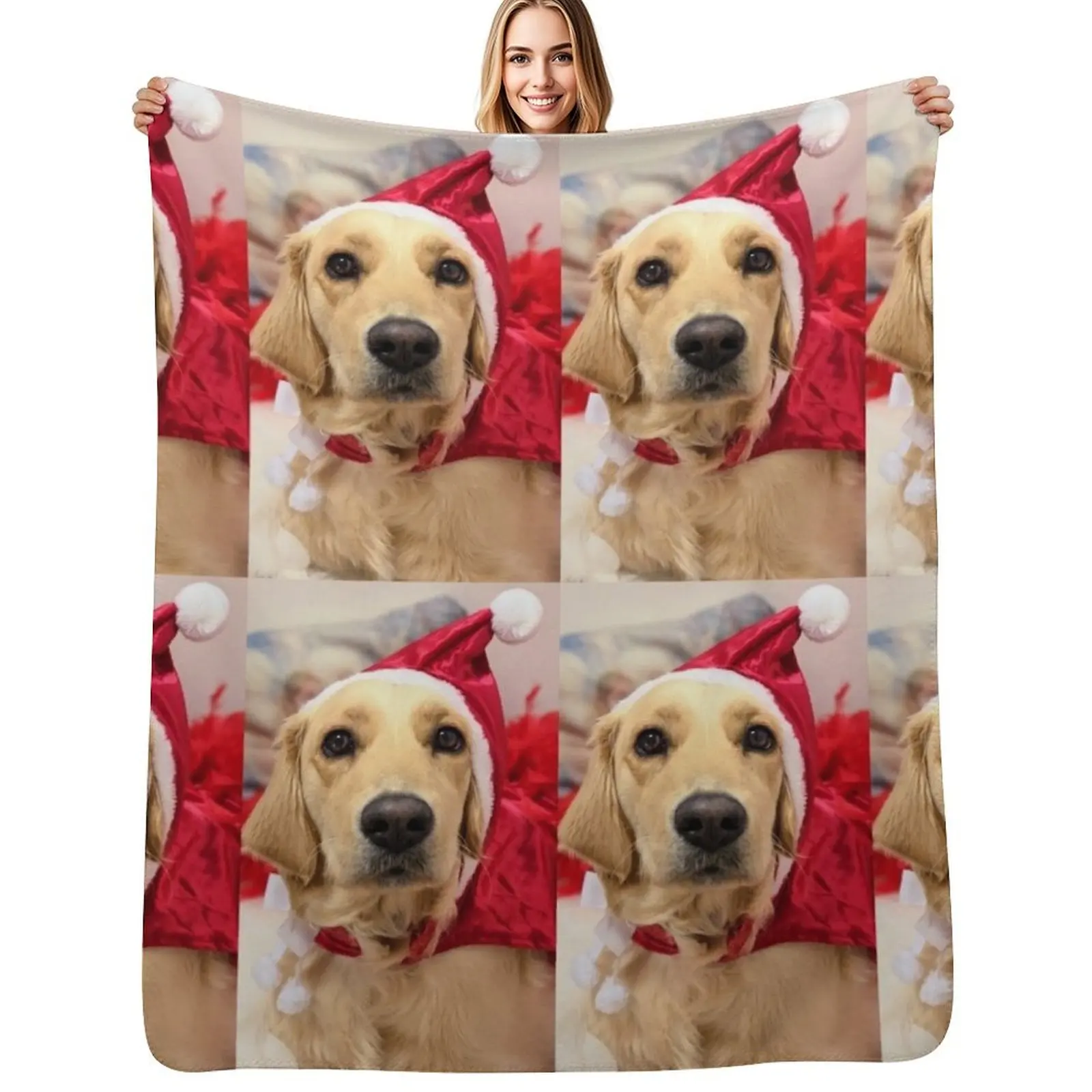 Golden retriever Santa puppy happy Christmas Throw Blanket Sofa Throw Hair Plaid on the sofa Luxury Throw Cute Plaid Blankets