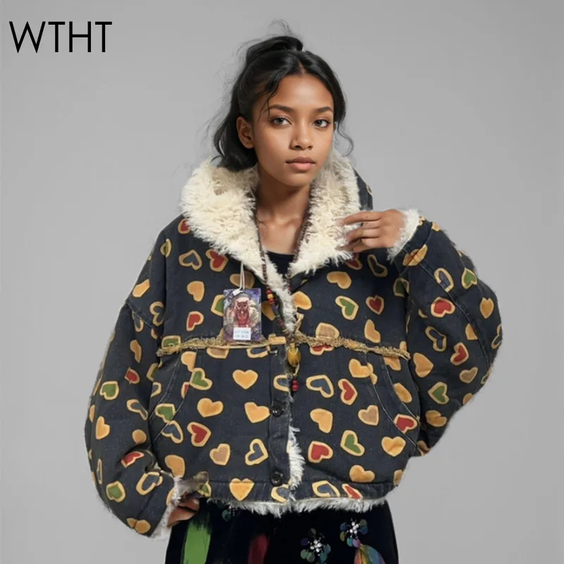 WTHT Vintage Fashion Women's Plush Edge Deisgn Printe Hooded Warm Coat 2024 Winter Long Sleeves Loose Jacket Female 1LS457